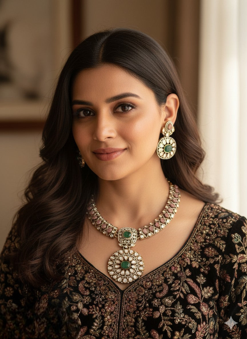 Antique Gold-Finish Polki Necklace Set | Indian Jewellery | Floral Kundan & Stone Choker Necklace Set with Earrings