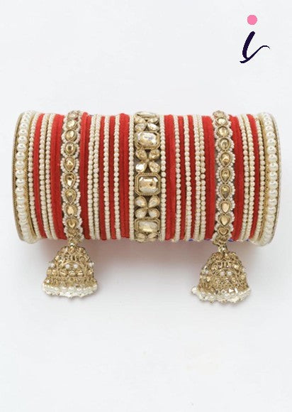 Indian Bangles in Different Colors Pearl Bangles Set with Jhumki Borders - Both Hands