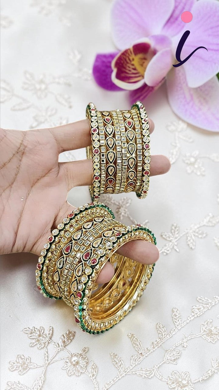 Kundan Teardrop Wedding Chura Kada Set for Women | Gold Plated Bridal Chura Bangles | Traditional Indian Wedding Jewellery