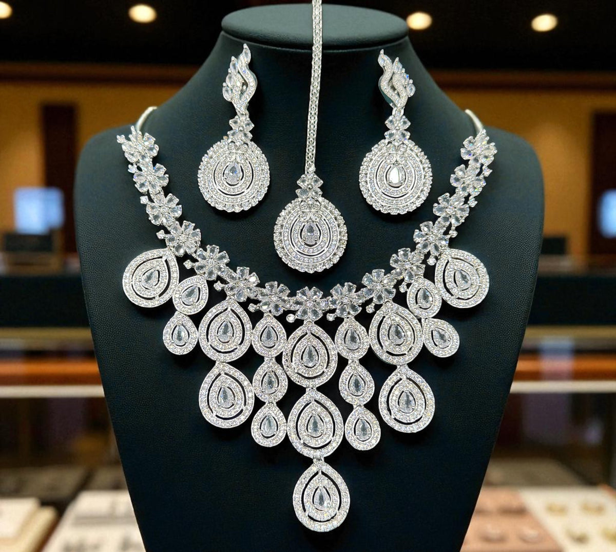 Wedding Teardrop Floral CZ Choker Earring Maangtikka Set For Women - Libasaa.com