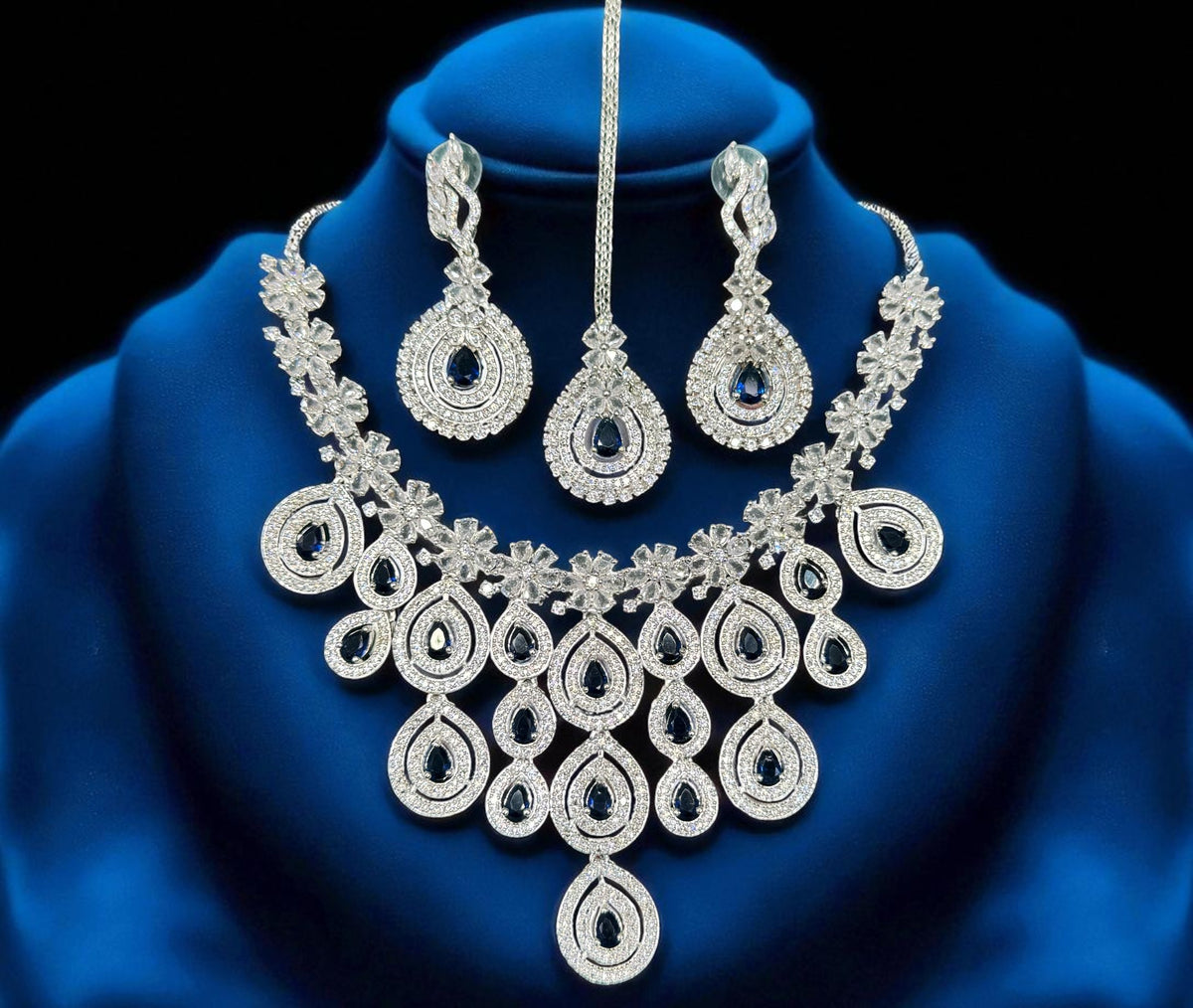 Wedding Teardrop Floral CZ Choker Earring Maangtikka Set For Women - Libasaa.com