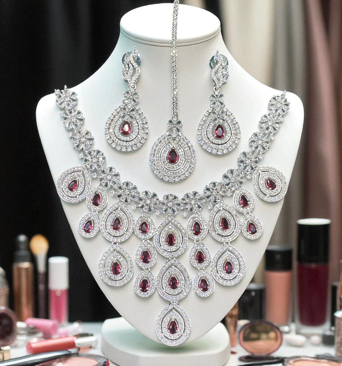 Wedding Teardrop Floral CZ Choker Earring Maangtikka Set For Women - Libasaa.com