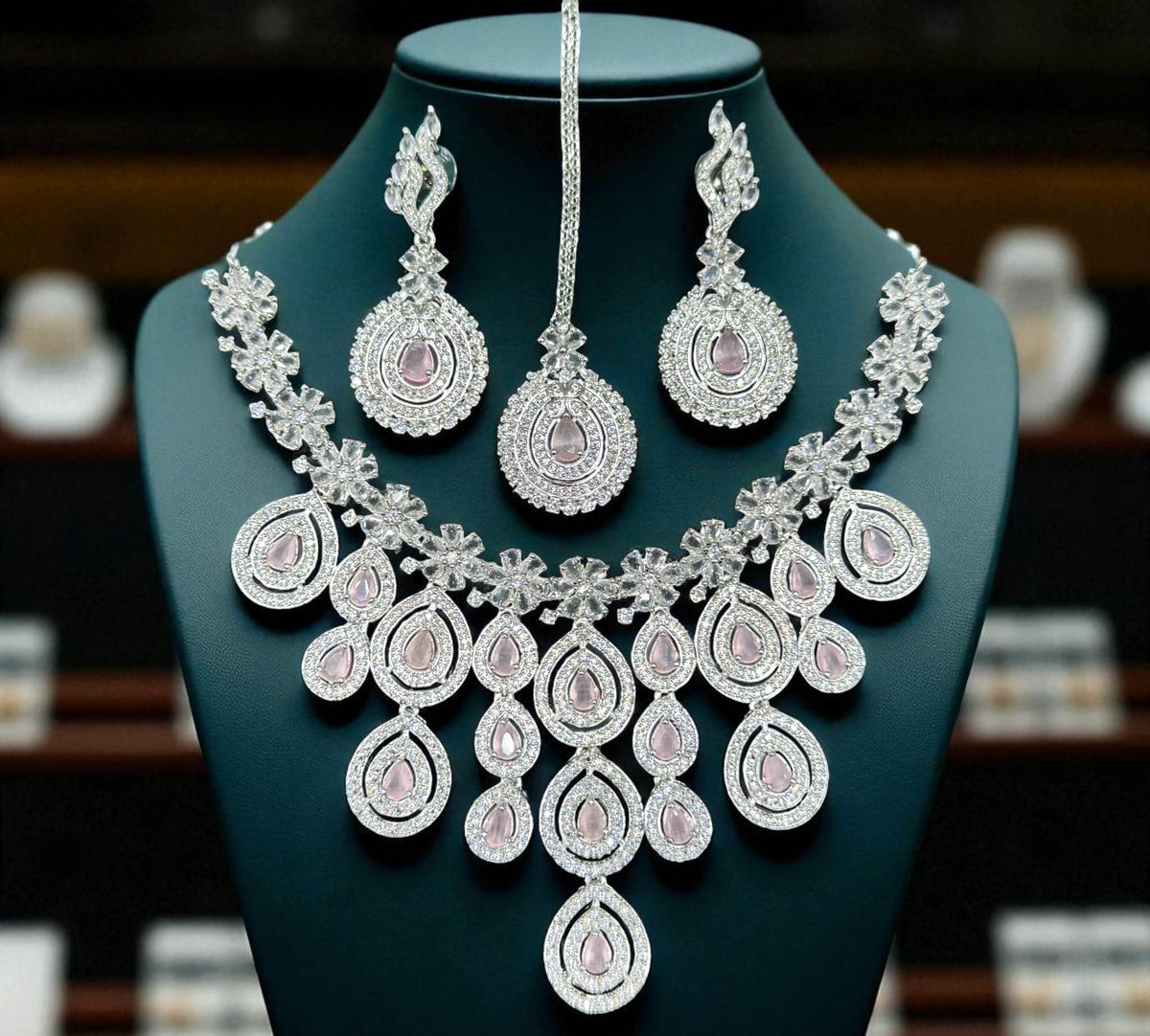 Wedding Teardrop Floral CZ Choker Earring Maangtikka Set For Women - Libasaa.com