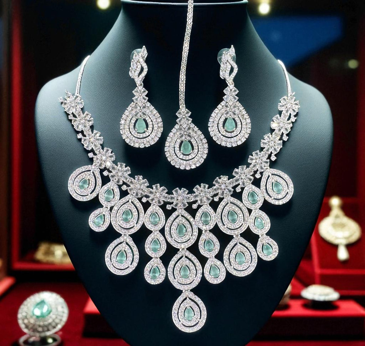 Wedding Teardrop Floral CZ Choker Earring Maangtikka Set For Women - Libasaa.com