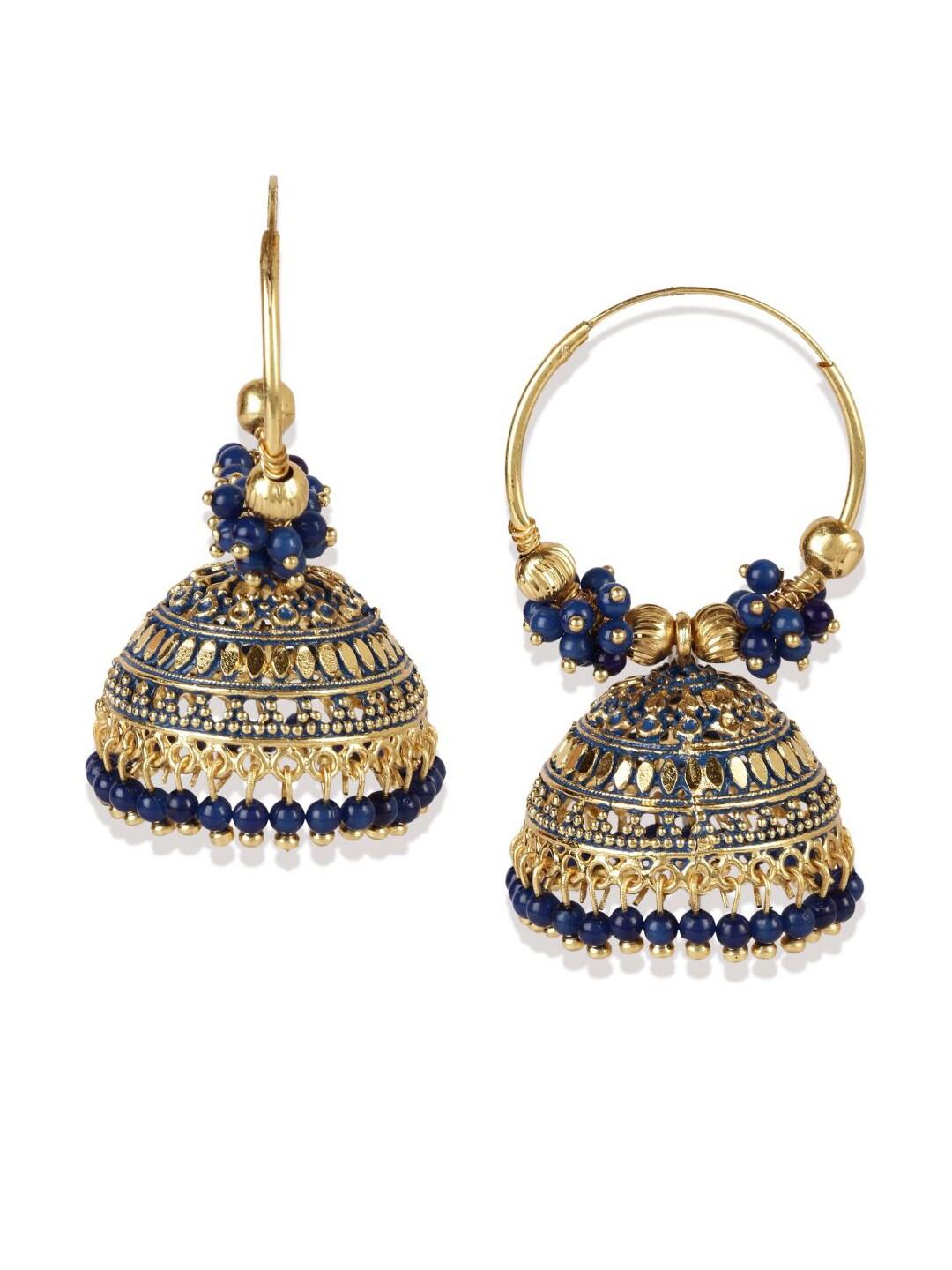 Blue & Gold-Plated Alloy Oxidized Enamelled Dome Shaped Jhumkas Traditional Hoop Jhumki Earrings For Women and Girls - Libasaa