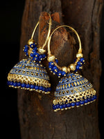 Blue & Gold-Plated Alloy Oxidized Enamelled Dome Shaped Jhumkas Traditional Hoop Jhumki Earrings For Women and Girls - Libasaa