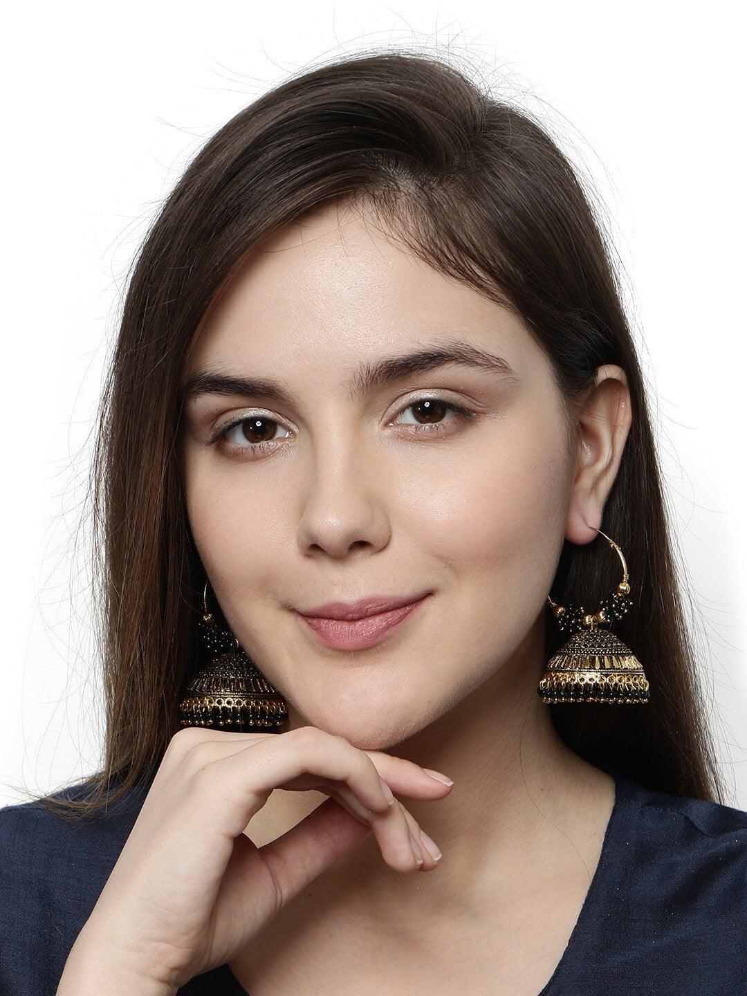 Black & Gold-Plated Circular Jhumkas Hoop Earrings For Girls & Women - Libasaa