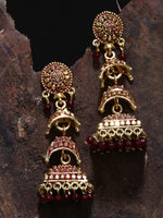 Gold Plated Enamelled 3 Floor Jhumka Earrings For Women And Girls Cubic Zirconia, Beads Alloy Jhumki Earring - Libasaa