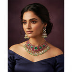 Premium Kundan Choker Necklace Set with Green Stones | Ruby & Pearl Indian Jewellery with Jhumka Earrings