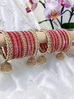 Indian Pearl Bangle Set with Jhumki Borders, Multicolor Traditional Bridal Bangles, Designer Wedding Jewelry for Women