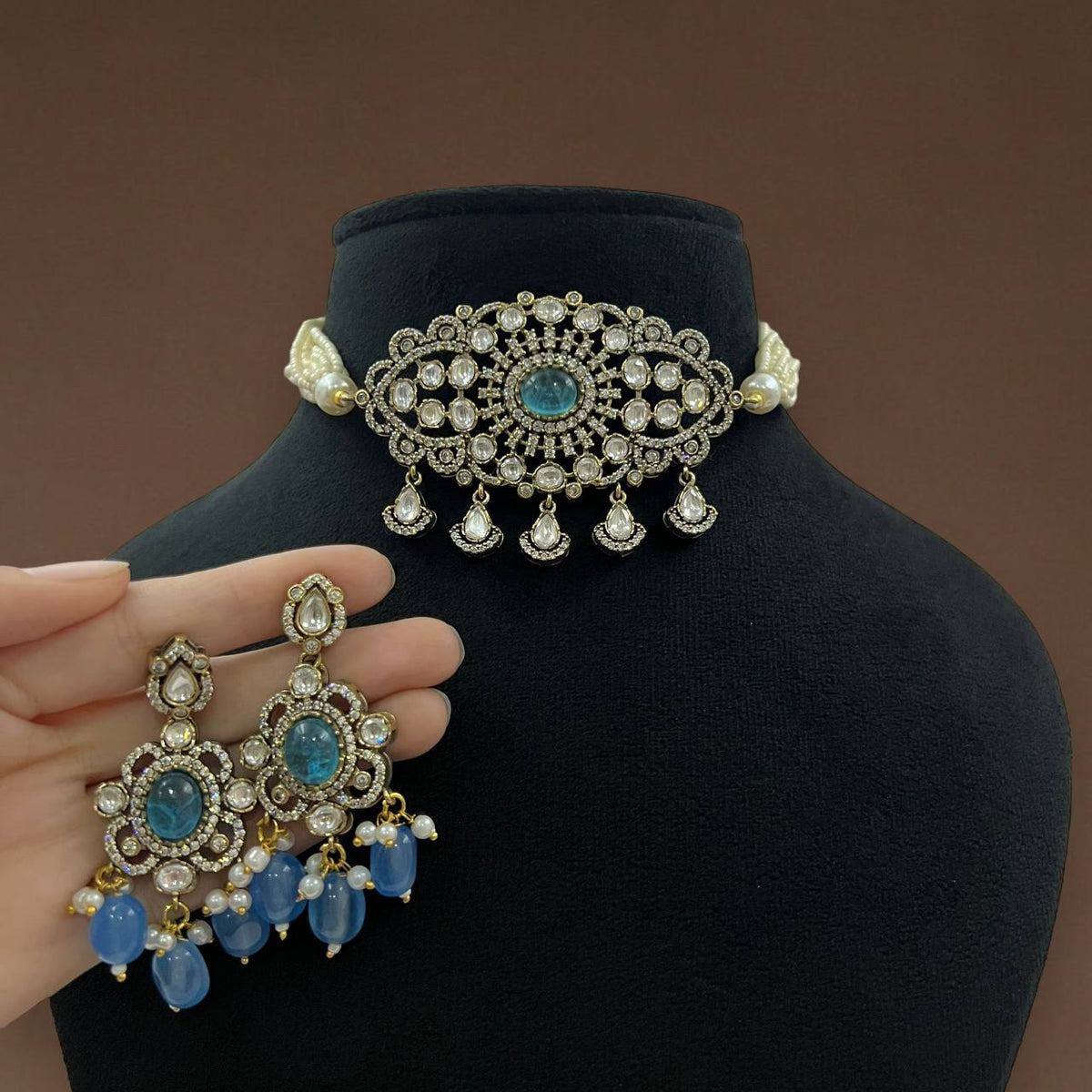 Kundan Choker Necklace Set with Pearl Drops & Earrings Bridal Jewelry Set Pakistani Necklace SetPolki Necklace - Libasaa.com