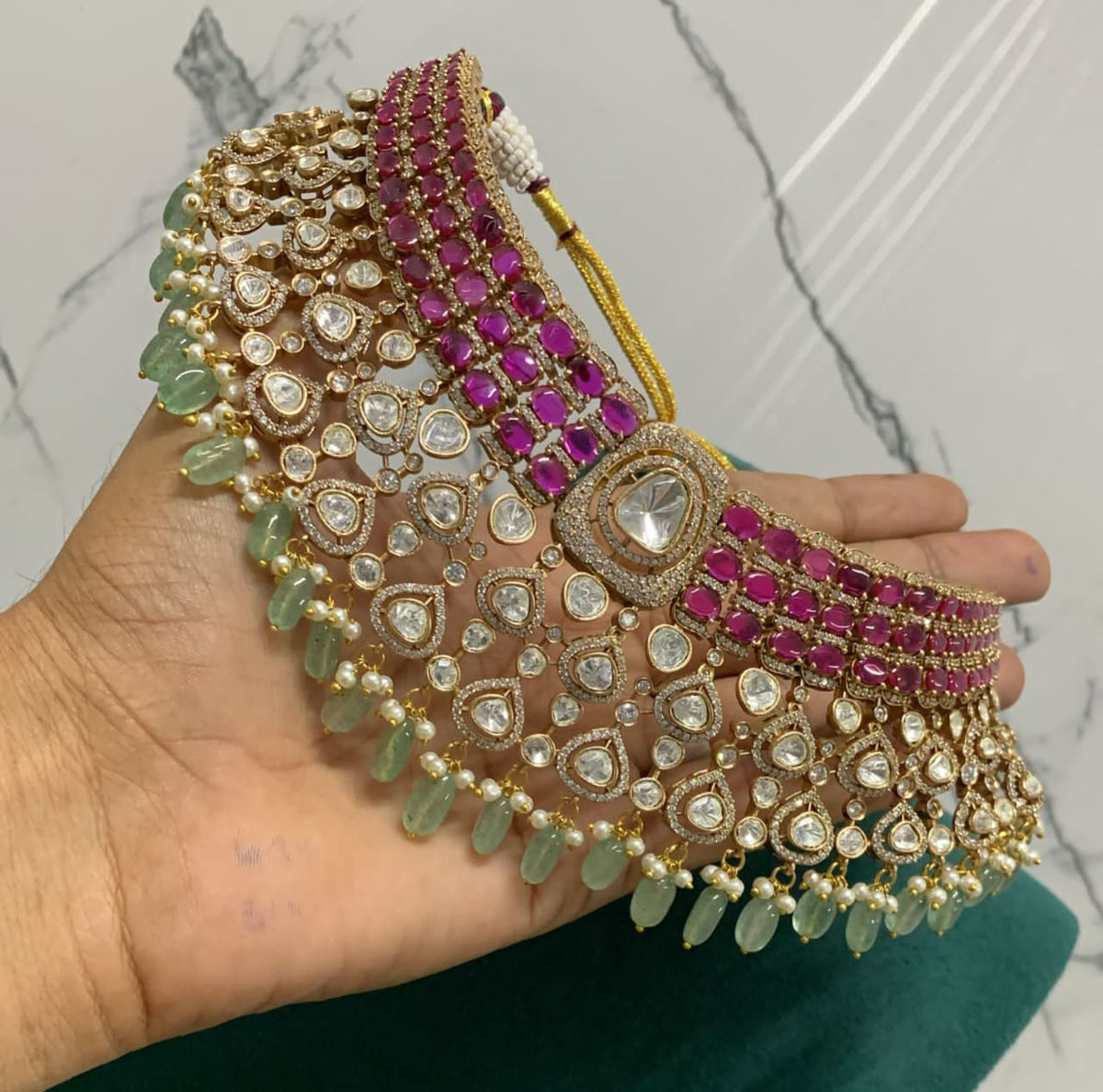 Ruby Green Kundan Choker Necklace Set with Earrings – Bridal Polki Jewelry for Weddings & Festive Wear - Libasaa.com