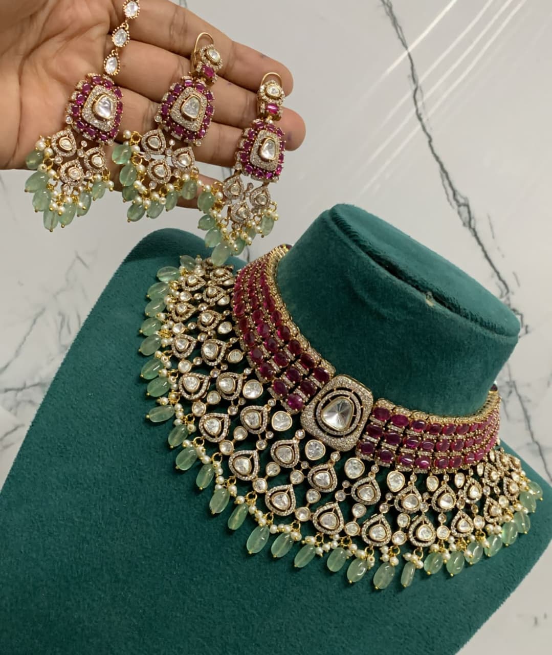 Ruby Green Kundan Choker Necklace Set with Earrings – Bridal Polki Jewelry for Weddings & Festive Wear - Libasaa.com