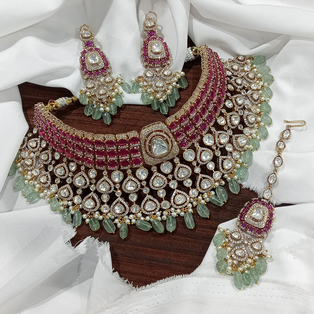 Ruby Green Kundan Choker Necklace Set with Earrings – Bridal Polki Jewelry for Weddings & Festive Wear - Libasaa.com