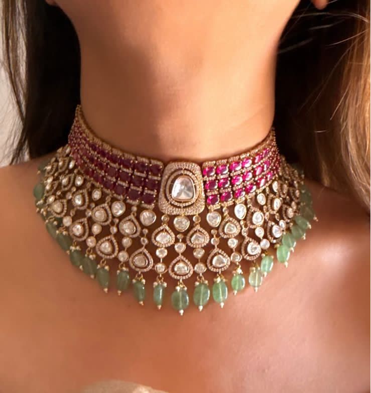 Ruby Green Kundan Choker Necklace Set with Earrings – Bridal Polki Jewelry for Weddings & Festive Wear - Libasaa.com