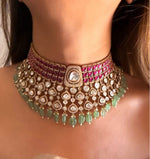 Ruby Green Kundan Choker Necklace Set with Earrings – Bridal Polki Jewelry for Weddings & Festive Wear - Libasaa.com