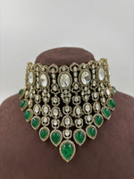 Emerald Green Kundan Choker Necklace Set with Earrings Bridal Polki Jewelry for Weddings & Festive Wear - Libasaa.com
