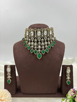 Emerald Green Kundan Choker Necklace Set with Earrings Bridal Polki Jewelry for Weddings & Festive Wear - Libasaa.com