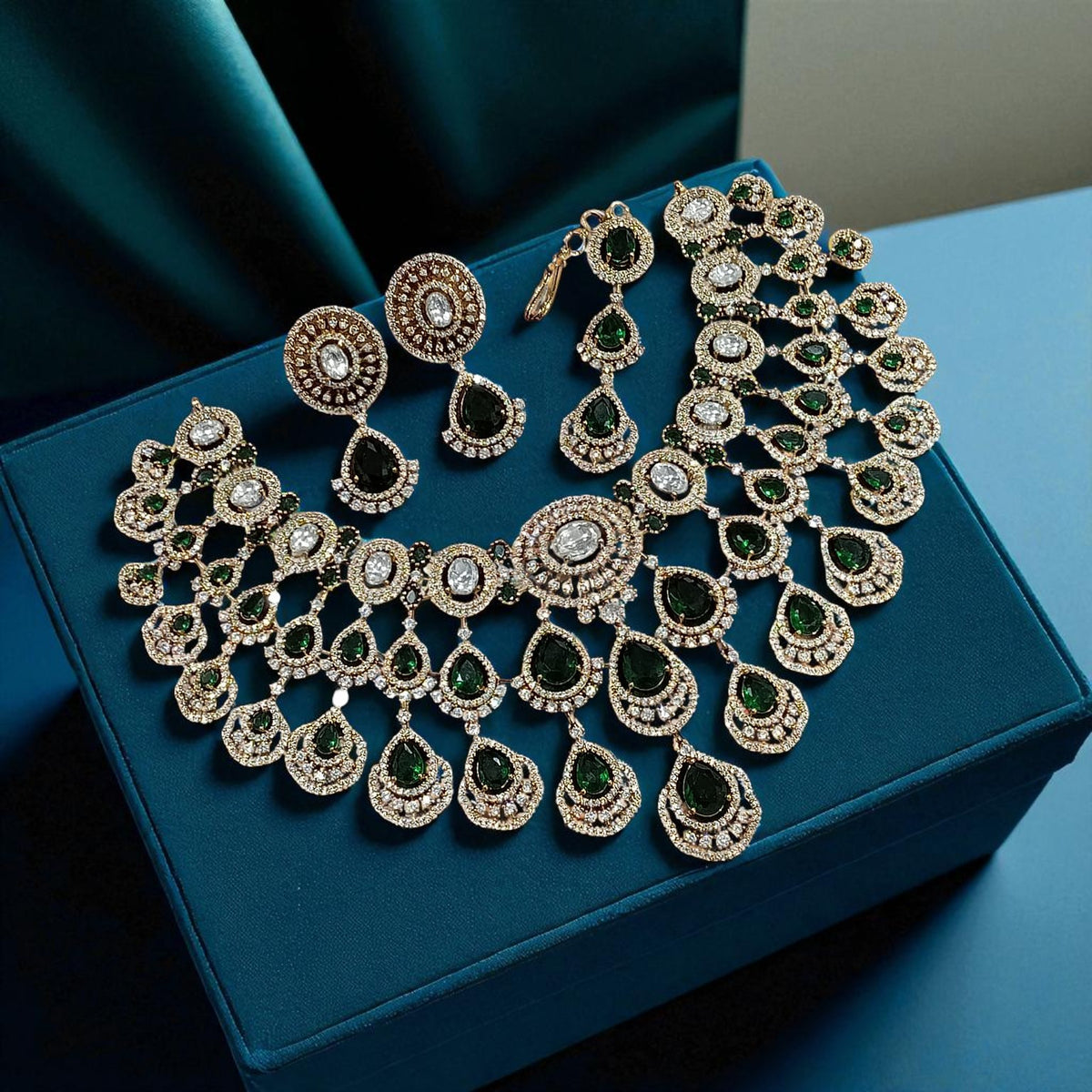 Mint Green Multi-Layered Kundan Bridal Necklace Set with Earrings & Maang Tikka – Heavy Polki Wedding Jewelry - Libasaa.com