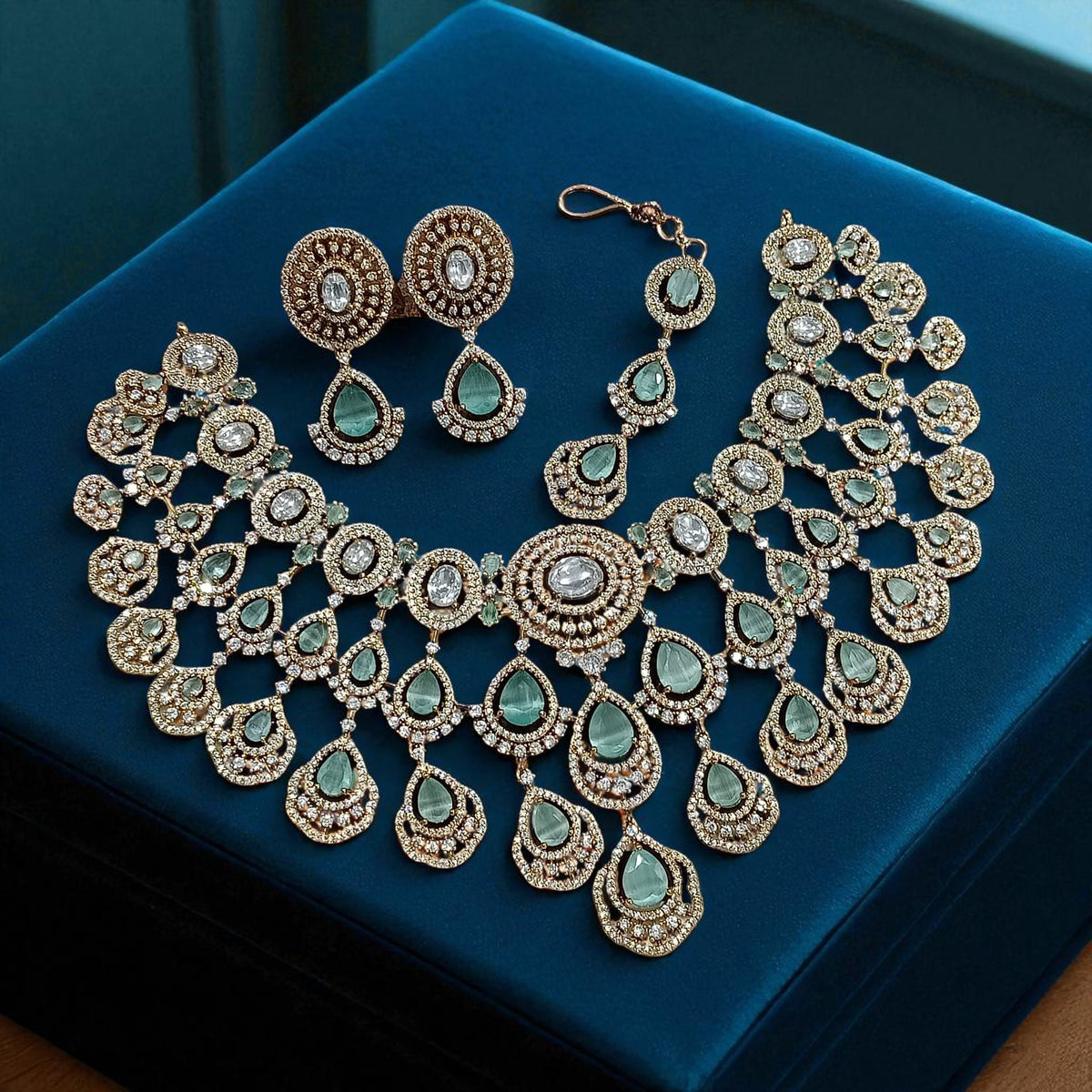 Mint Green Multi-Layered Kundan Bridal Necklace Set with Earrings & Maang Tikka – Heavy Polki Wedding Jewelry - Libasaa.com