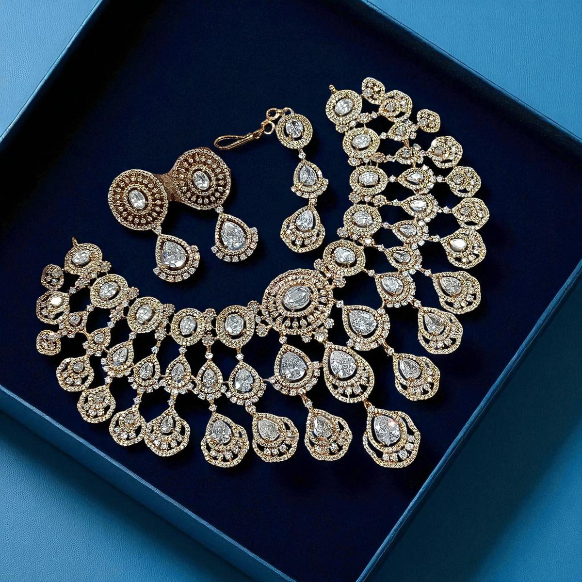 Mint Green Multi-Layered Kundan Bridal Necklace Set with Earrings & Maang Tikka – Heavy Polki Wedding Jewelry - Libasaa.com