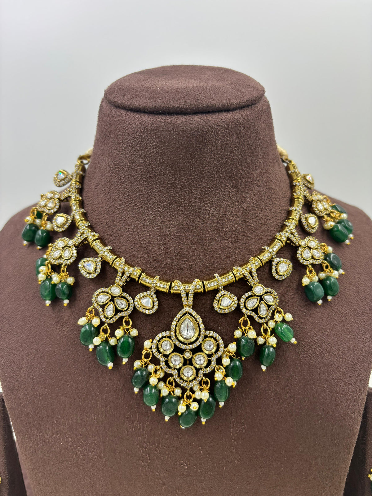 Royal Kundan Green Beads Necklace Set Bridal Jewelry with Earrings - Libasaa.com