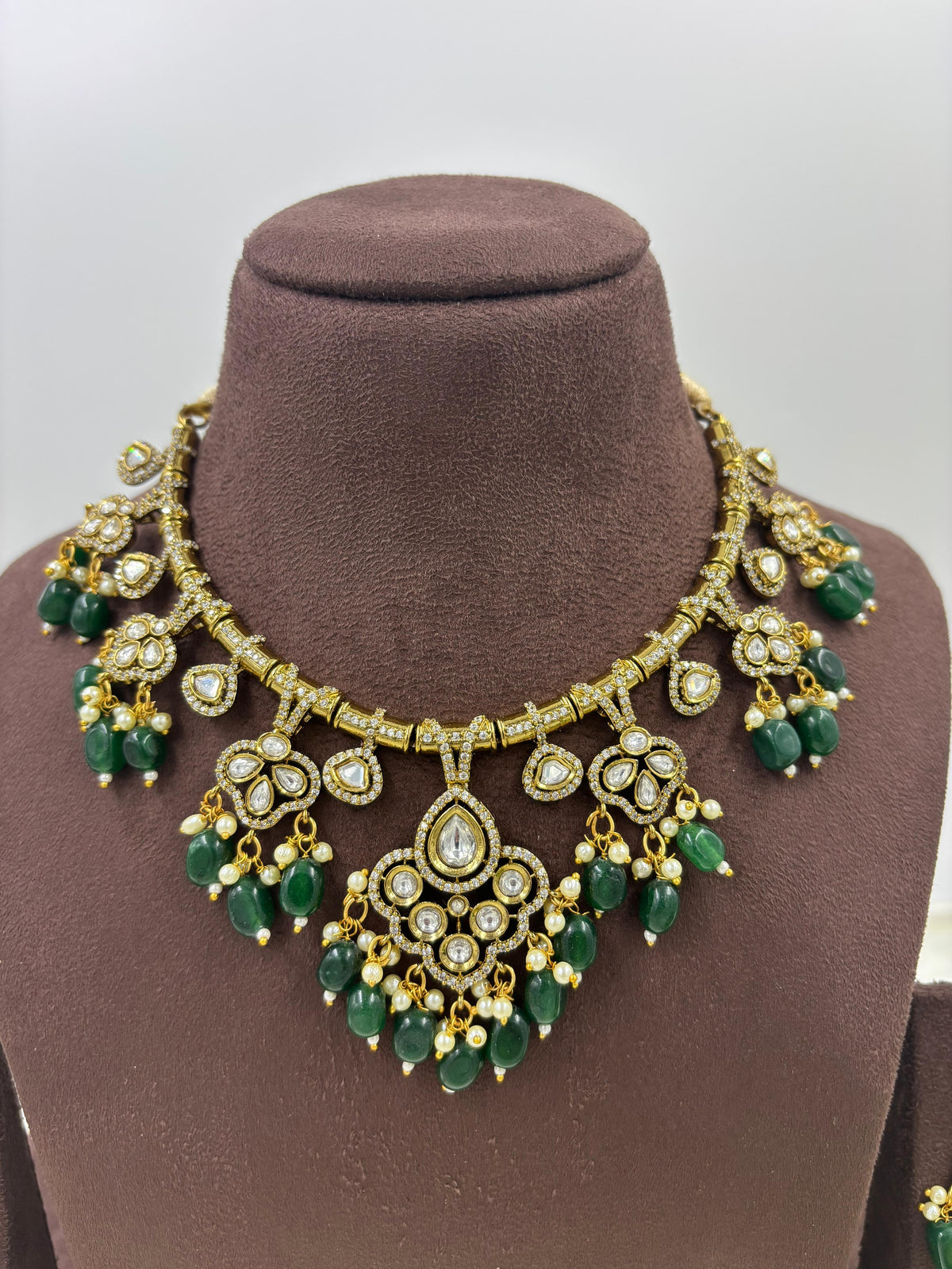 Royal Kundan Green Beads Necklace Set Bridal Jewelry with Earrings - Libasaa.com