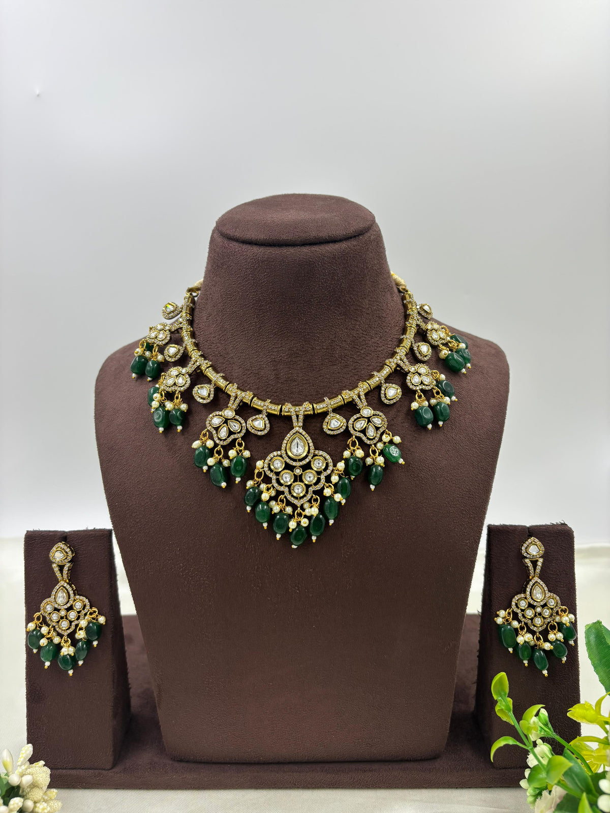 Royal Kundan Green Beads Necklace Set Bridal Jewelry with Earrings - Libasaa.com