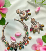 Handcrafted Oxidized Silver Necklace Set with Colorful Beads & Moon Motif Earrings - Libasaa.com