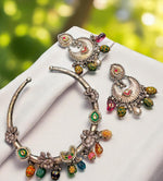 Handcrafted Oxidized Silver Necklace Set with Colorful Beads & Moon Motif Earrings - Libasaa.com