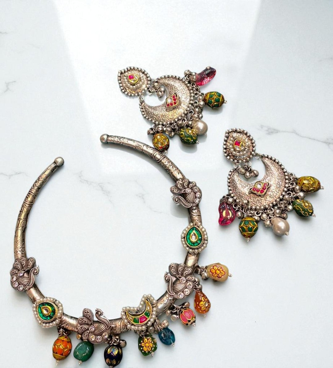 Handcrafted Oxidized Silver Necklace Set with Colorful Beads & Moon Motif Earrings - Libasaa.com