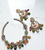Handcrafted Oxidized Silver Necklace Set with Colorful Beads & Moon Motif Earrings - Libasaa.com
