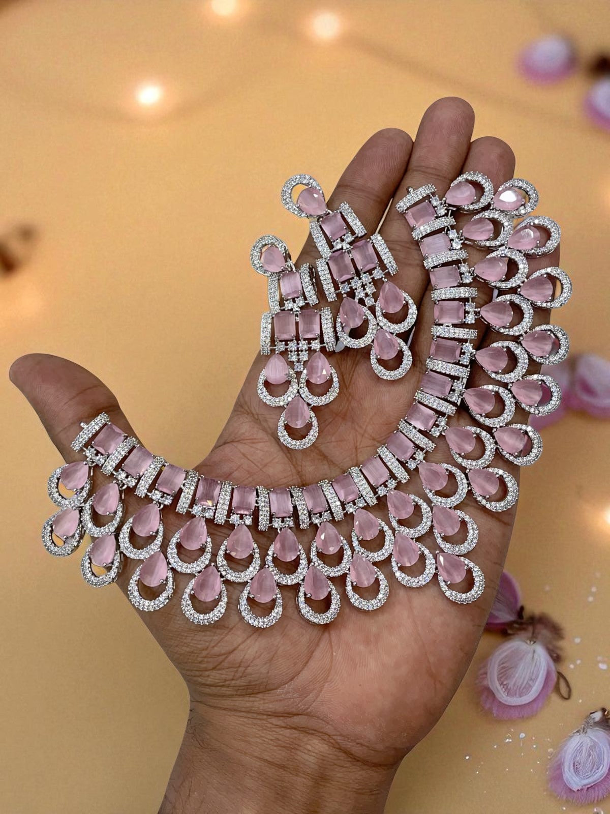 Traditional Silver Plated Round Shaped AD CZ Stone Necklace Earring Set - Libasaa.com