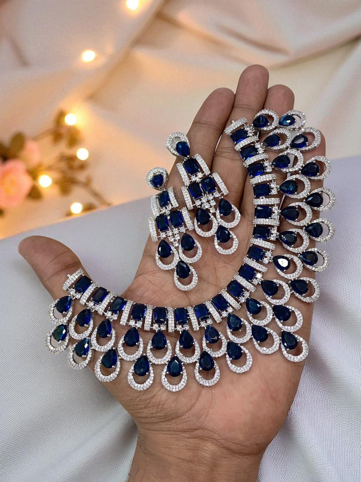 Traditional Silver Plated Round Shaped AD CZ Stone Necklace Earring Set - Libasaa.com