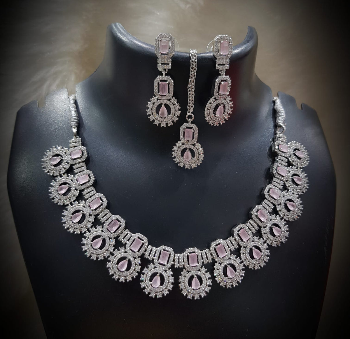 Silver-Plated Green Stone Necklace Set with Earrings | Designer Bridal & Party Wear Jewelry - Libasaa.com