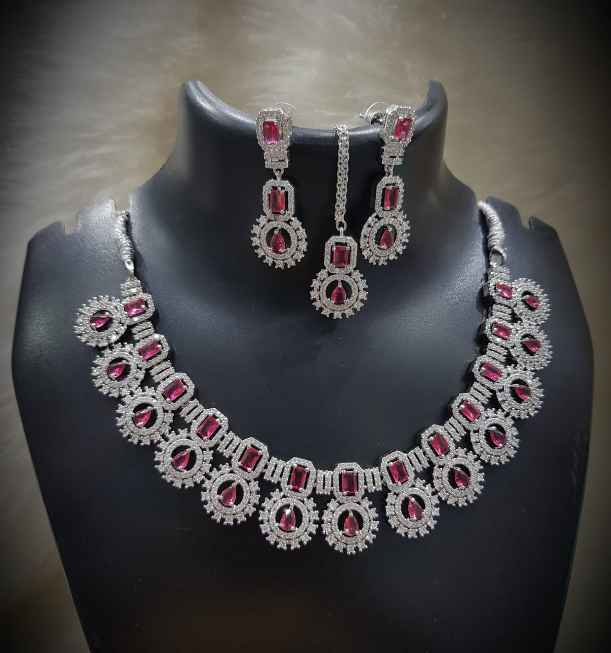 Silver-Plated Green Stone Necklace Set with Earrings | Designer Bridal & Party Wear Jewelry - Libasaa.com