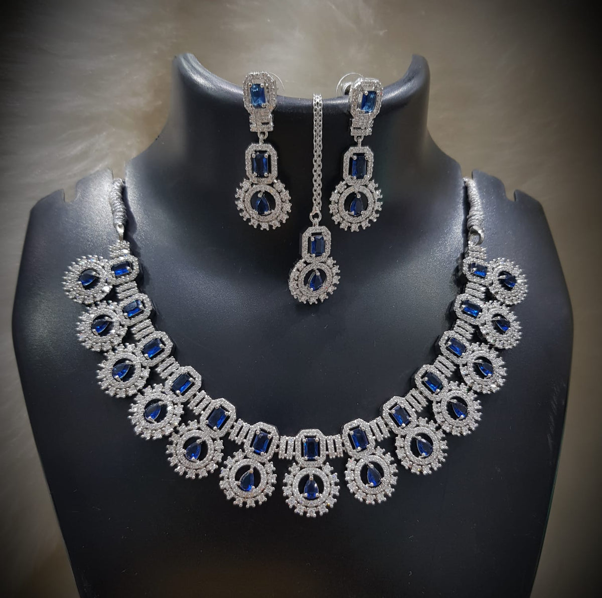 Silver-Plated Green Stone Necklace Set with Earrings | Designer Bridal & Party Wear Jewelry - Libasaa.com
