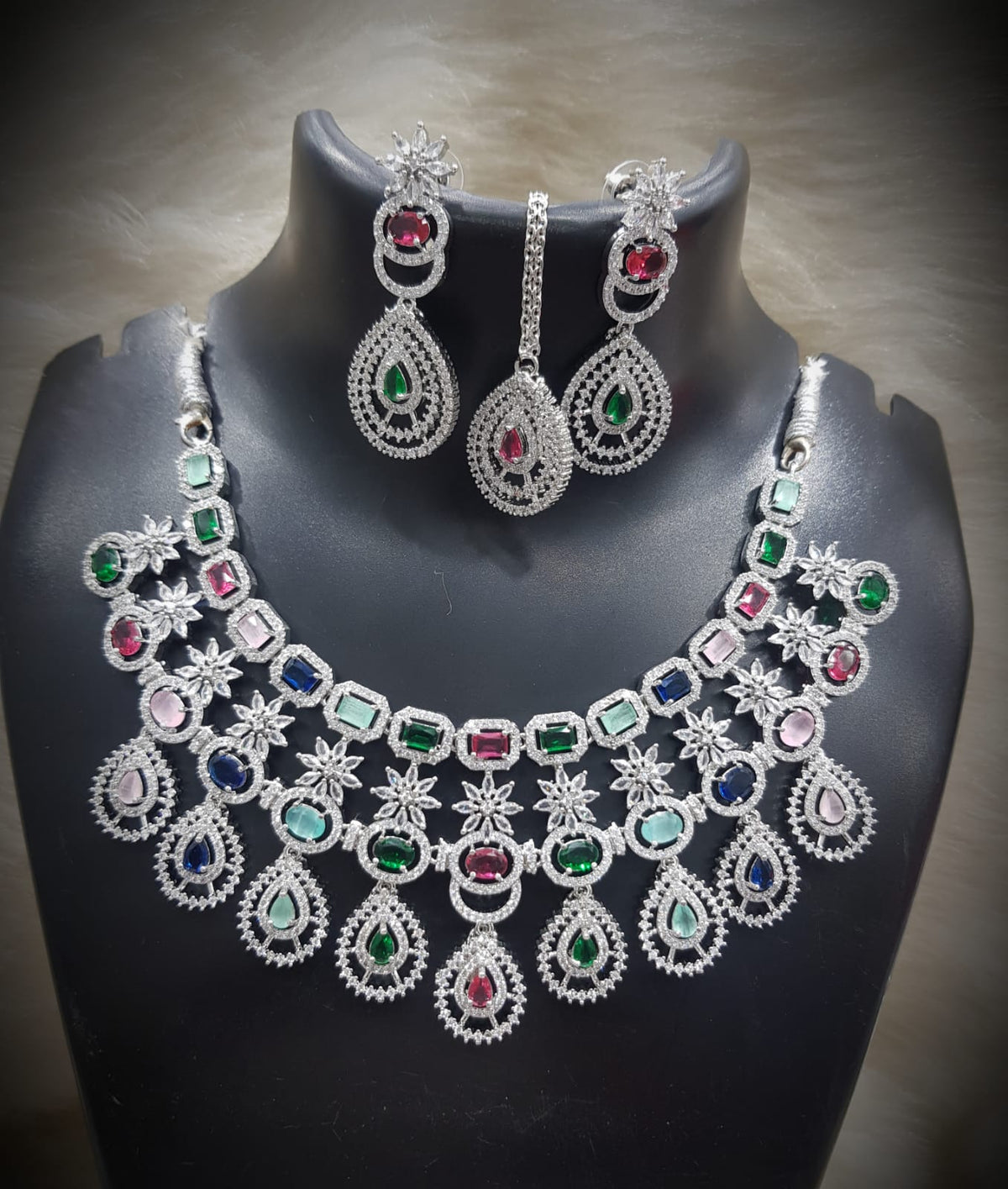 Silver-Plated Stone Necklace Set with Earrings & Maang Tikka | Designer Bridal & Party Wear Jewelry - Libasaa.com