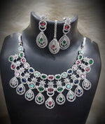 Silver-Plated Stone Necklace Set with Earrings & Maang Tikka | Designer Bridal & Party Wear Jewelry - Libasaa.com