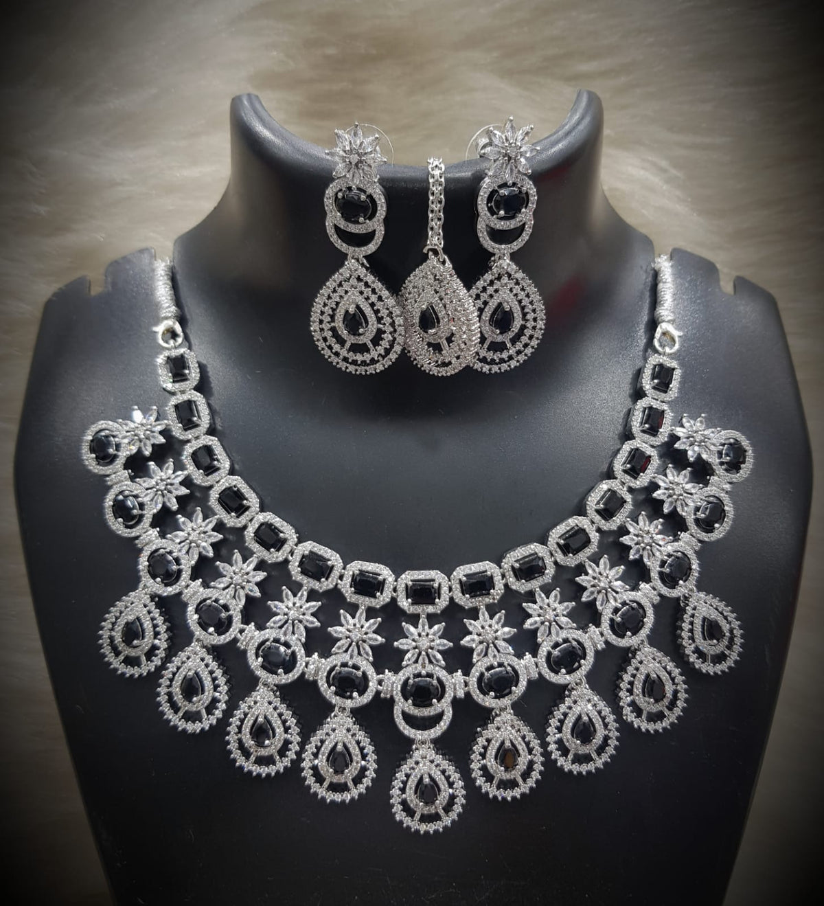 Silver-Plated Stone Necklace Set with Earrings & Maang Tikka | Designer Bridal & Party Wear Jewelry - Libasaa.com
