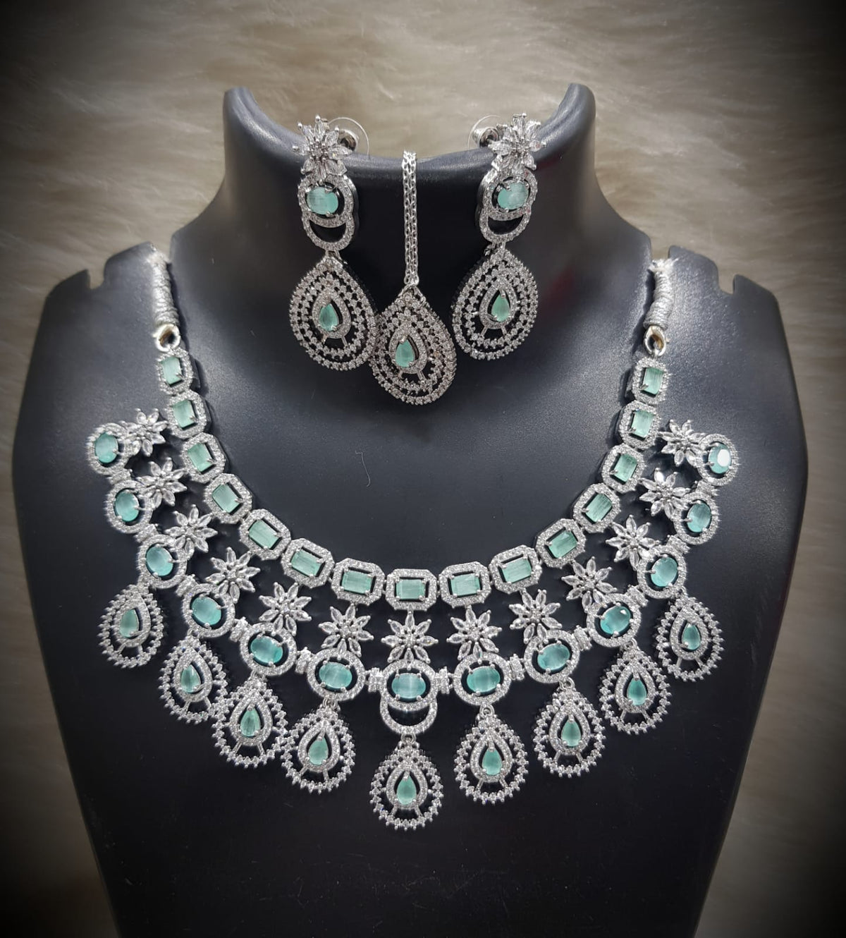 Silver-Plated Stone Necklace Set with Earrings & Maang Tikka | Designer Bridal & Party Wear Jewelry - Libasaa.com