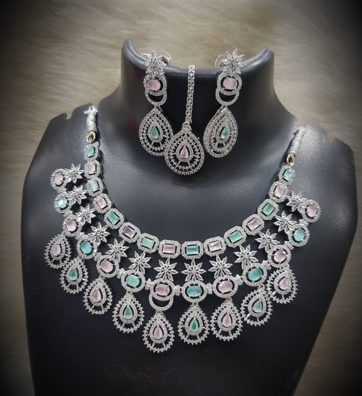 Silver-Plated Stone Necklace Set with Earrings & Maang Tikka | Designer Bridal & Party Wear Jewelry - Libasaa.com