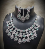 Silver-Plated Stone Necklace Set with Earrings & Maang Tikka | Designer Bridal & Party Wear Jewelry - Libasaa.com