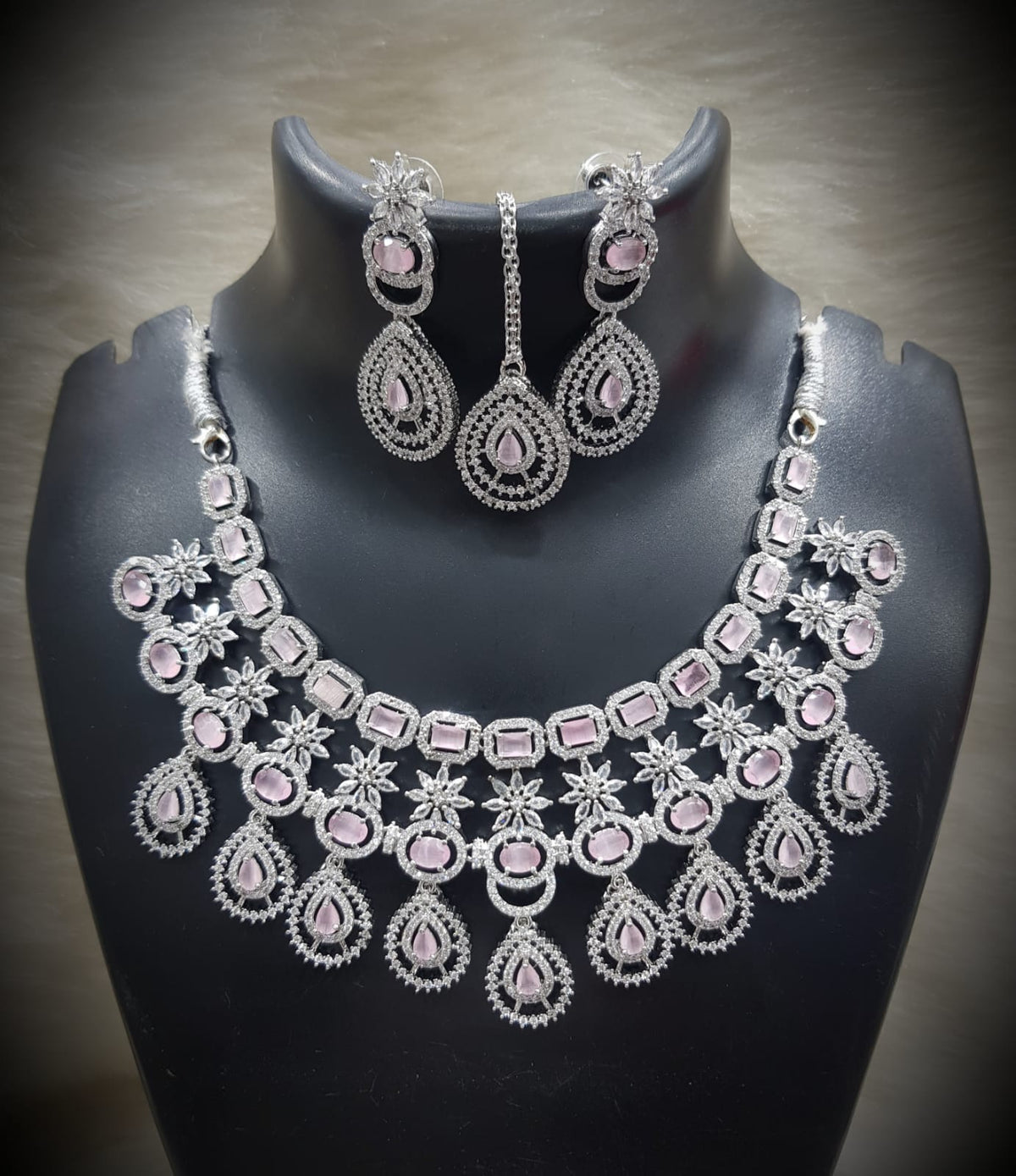 Silver-Plated Stone Necklace Set with Earrings & Maang Tikka | Designer Bridal & Party Wear Jewelry - Libasaa.com