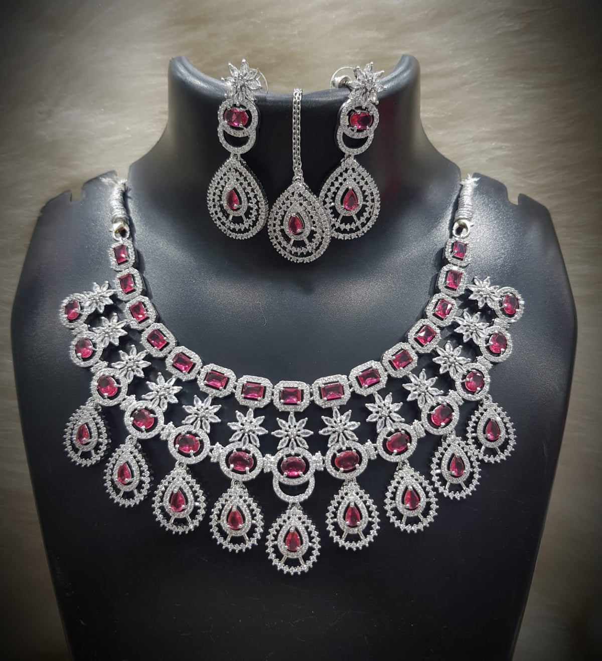 Silver-Plated Stone Necklace Set with Earrings & Maang Tikka | Designer Bridal & Party Wear Jewelry - Libasaa.com