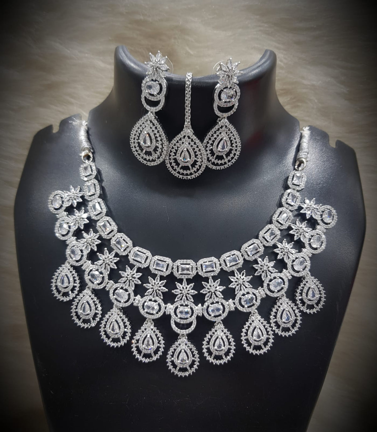 Silver-Plated Stone Necklace Set with Earrings & Maang Tikka | Designer Bridal & Party Wear Jewelry - Libasaa.com