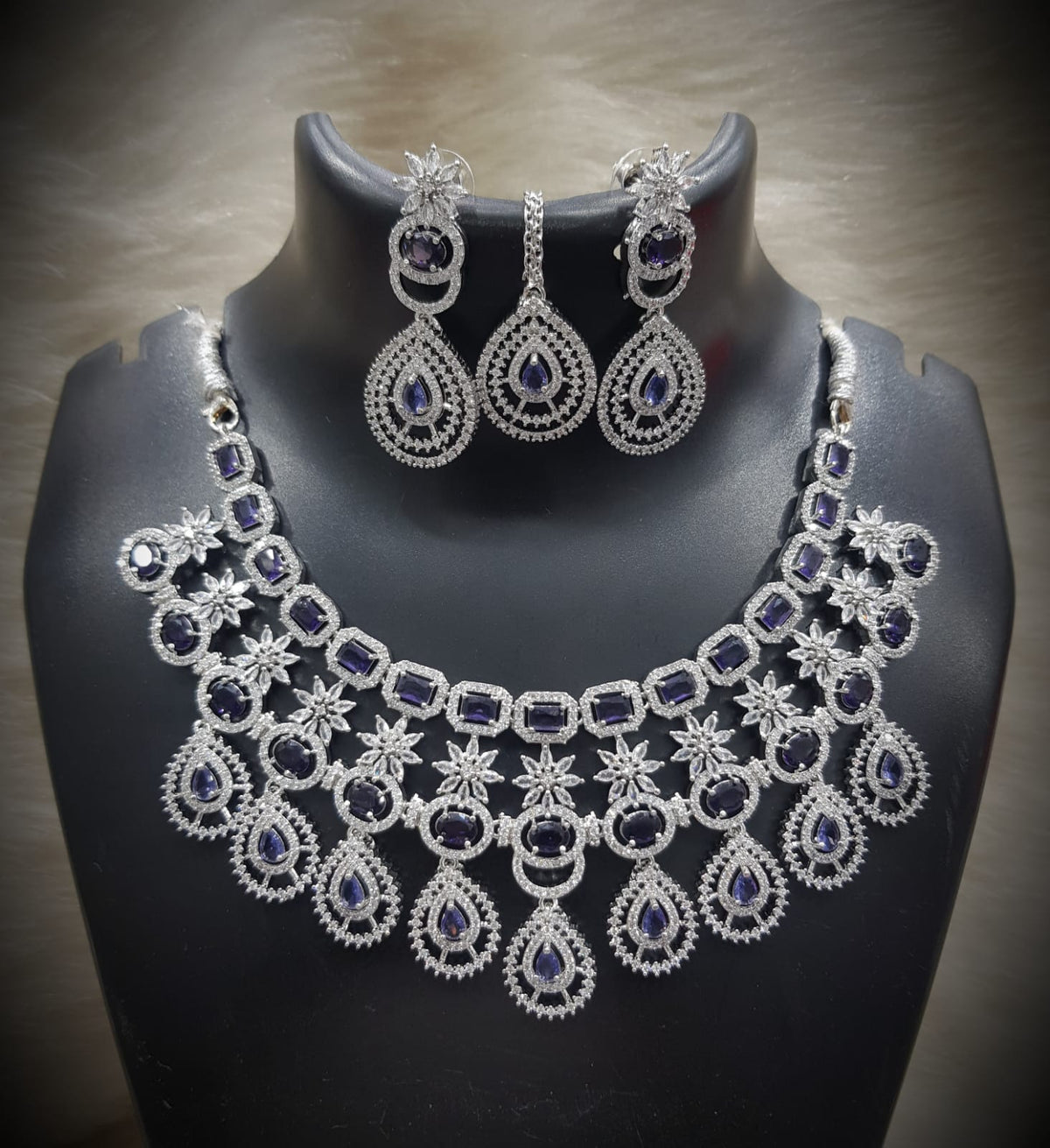 Silver-Plated Stone Necklace Set with Earrings & Maang Tikka | Designer Bridal & Party Wear Jewelry - Libasaa.com
