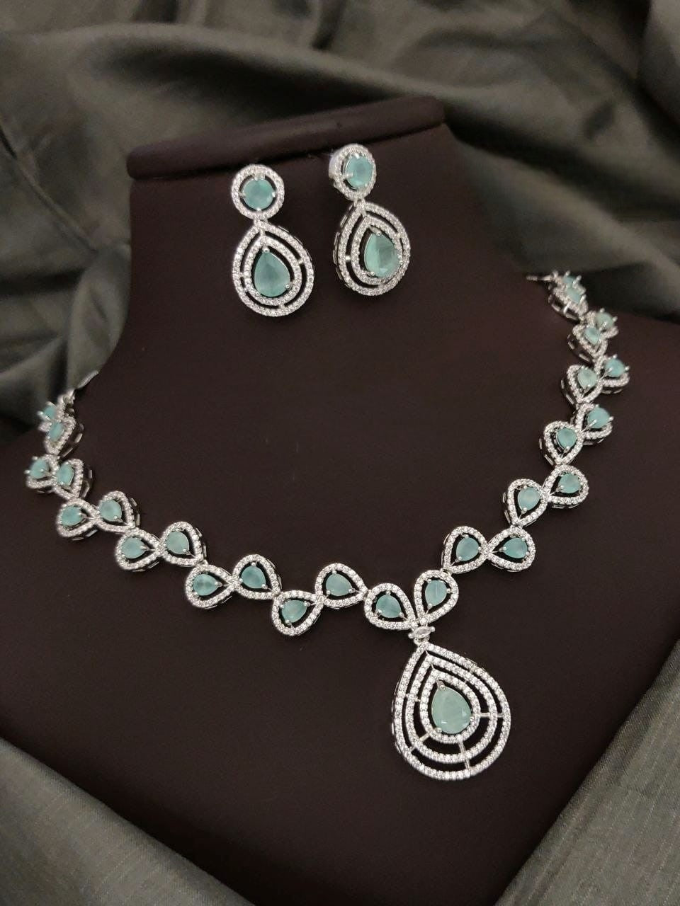 Silver-Plated Green Stone Necklace Set with Earrings | Elegant Bridal & Party Wear Jewelry - Libasaa.com