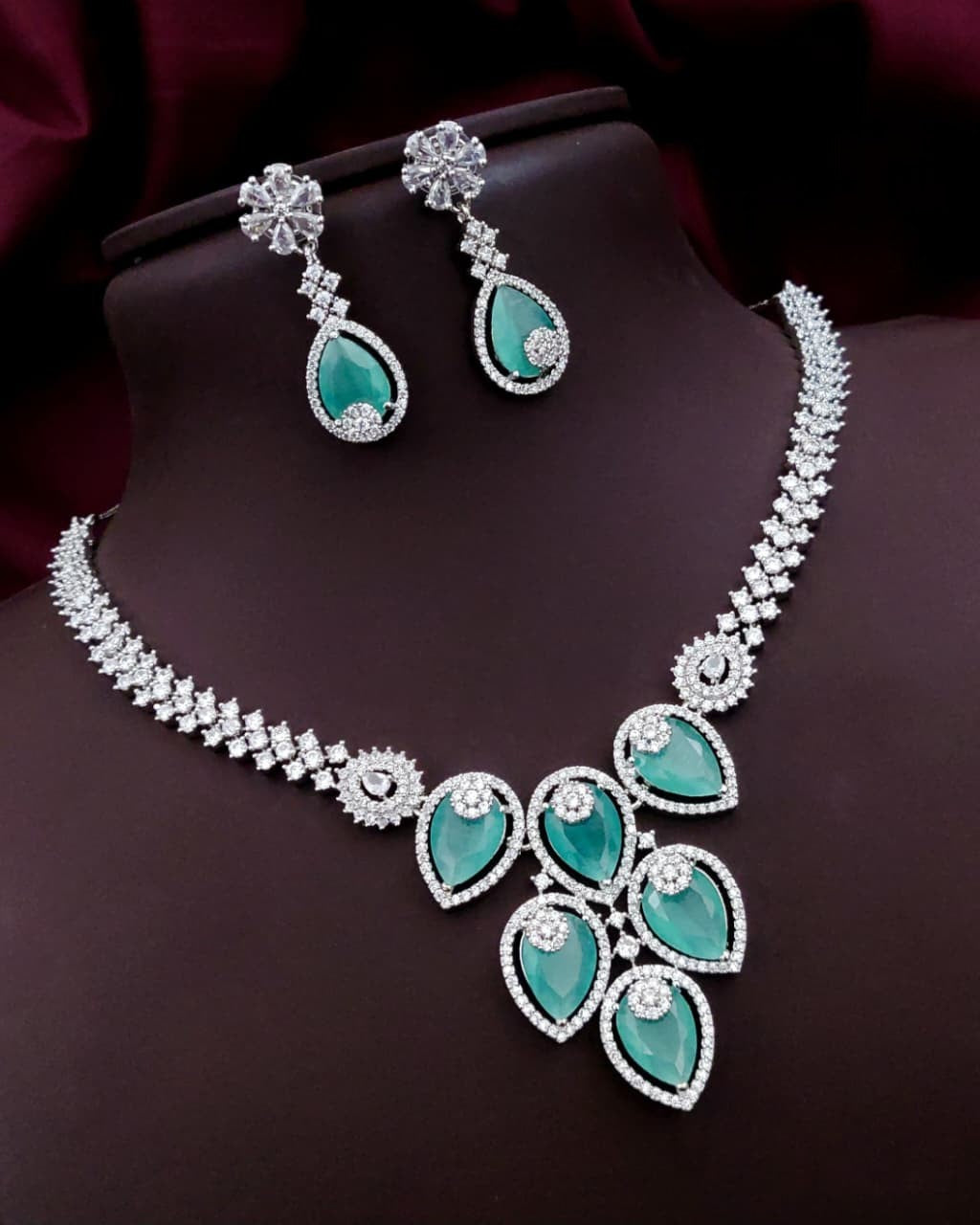 Silver-Plated Green Stone Necklace Set with Earrings | Bridal & Party Wear Designer Jewelry - Libasaa.com