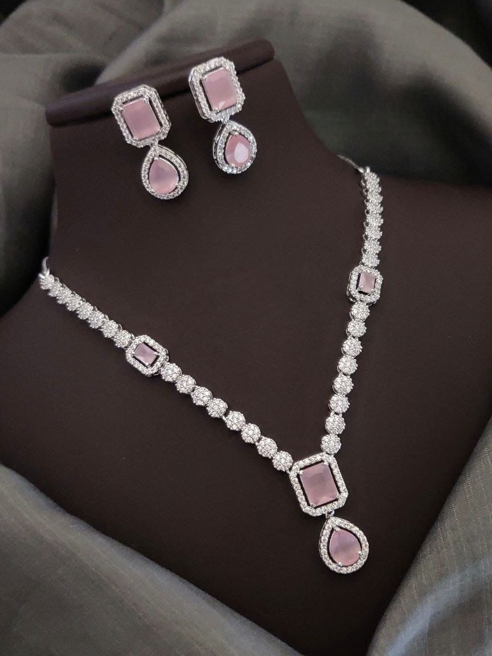 Silver-Plated Pink Stone Necklace Set with Earrings | Designer Bridal & Party Wear Jewelry - Libasaa.com
